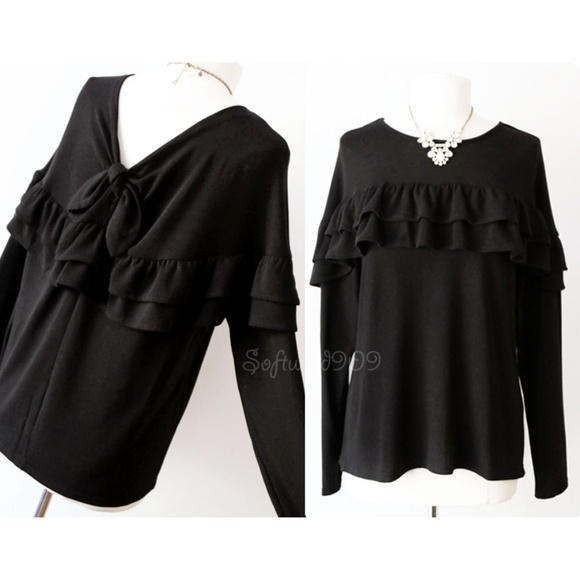 Love Riche Sweaters - Last☝️ Black Ruffle Bow Back Soft Cute Sweater Top